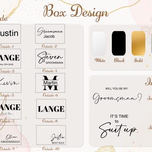Peut inclure: Un affichage d'options de design de bo&icirc;te personnalis&eacute;e pr&eacute;sentant dix styles d'&eacute;tiquettes ext&eacute;rieures avec des noms comme Austin, Jacob et Steven, et deux options de messages int&eacute;rieurs. Inclut une palette de couleurs blanc, noir, or et argent.