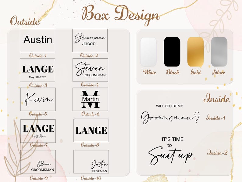 Peut inclure: Un affichage d'options de design de bo&icirc;te personnalis&eacute;e pr&eacute;sentant dix styles d'&eacute;tiquettes ext&eacute;rieures avec des noms comme Austin, Jacob et Steven, et deux options de messages int&eacute;rieurs. Inclut une palette de couleurs blanc, noir, or et argent.