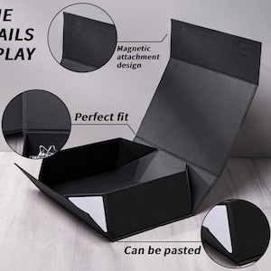 Peut inclure: Une bo&icirc;te cadeau pliable noire avec un couvercle &agrave; fermeture magn&eacute;tique. L'image contient des &eacute;tiquettes textuelles : SOME DETAILS DISPLAY, Magnetic attachment design, Perfect fit, et Can be pasted, avec des encarts montrant les aimants.