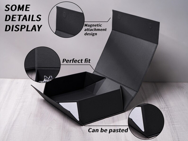 Peut inclure: Une bo&icirc;te cadeau pliable noire avec un couvercle &agrave; fermeture magn&eacute;tique. L'image contient des &eacute;tiquettes textuelles : SOME DETAILS DISPLAY, Magnetic attachment design, Perfect fit, et Can be pasted, avec des encarts montrant les aimants.