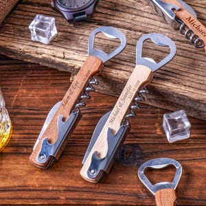 Personalized Engraved Wood Wine Corkscrew Opener, Personalized Custom Logo Text, Groomsmen Gift, Wedding Favors, Father Day Bar Gift For Men