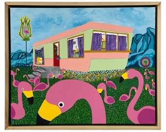 Flamingo Spa, bananas living their best life, part of a large narrative series, surreal and eclectic original art