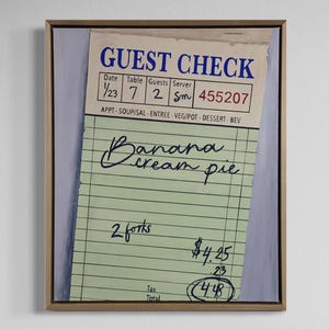 Gästecheck. Banane, Textbasierte Kunst, Bananencremetorte, altes Schulcafe, Ticketblock, modern, zeitgenössisch, Grafikdesign
