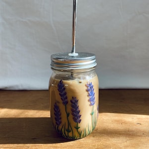 Iced coffee cup hand painted floral mason jar travel mug sustainable handmade gift idea cottage core
