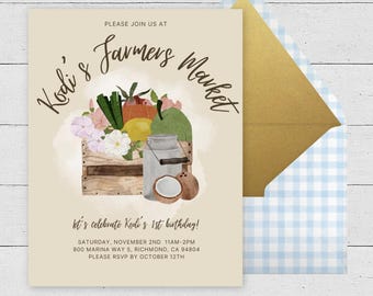 Farmers Market Birthday Invitation, Farmers Market Baby Shower Invite, Printed or Instant Editable Template, First Birthday Invitation