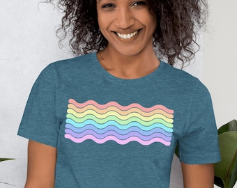 Retro Rainbow Tee Shirt - Unisex Pastel Colorful Lines Summer Graphic Top