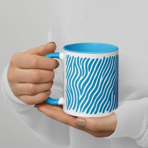 Zebra Stripe Coffee Mug 11oz – Blue and White Zebra Print Cup with Matching Inside Color – Fun Ceramic Tea or Coffee Mug, Zebra Stripe Mug, Animal Ceramic Mug, Blue And White Mug