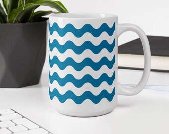 15 Oz Ceramic Mug With Handle - Hot Cocoa White Glossy Wavy Blue Lines Coffee Cup