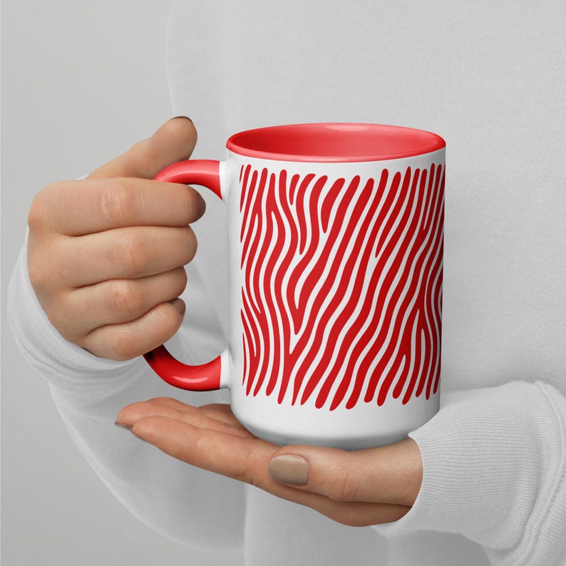 Zebra Stripe Coffee Mug 15oz – Red and White Zebra Print Cup with Matching Inside Color – Bold Modern Mug for Coffee or Tea, Zebra Coffee Mug, Stripe Coffee Mug, Animal Print Mug