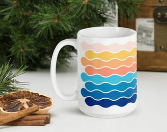 Sonnenuntergang inspiriert Grafikmuster Becher - 15 Unzen Keramik Hot Cocoa White glänzende Tasse für Kaffeeliebhaber