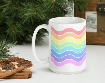 Wavy Rainbow 15oz Ceramic Mug - Hot Cocoa White Glossy Pattern Cup For Coffee Lover