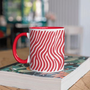 Zebra Stripe Coffee Mug 15oz – Red and White Zebra Print Cup with Matching Inside Color – Bold Modern Mug for Coffee or Tea, Zebra Coffee Mug, Stripe Coffee Mug, Animal Print Mug