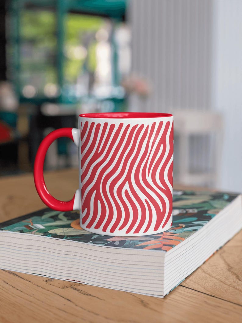 Zebra Stripe Coffee Mug 15oz – Red and White Zebra Print Cup with Matching Inside Color – Bold Modern Mug for Coffee or Tea, Zebra Coffee Mug, Stripe Coffee Mug, Animal Print Mug