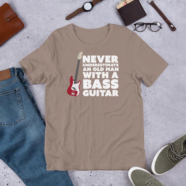 Never Underestimate An Old Man With A Bass Guitar T-Shirt | Guitar Tshirts | Bass Shirt | Funny Music Shirts | Bass Player Shirt | Gift For Bassist | Bassist Shirt | Bass Player | Pebble Brown