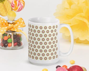15oz Floral Ceramic Coffee Mug - Flower Pattern White Glossy Hot Cocoa Cup
