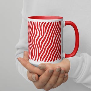 Zebra Stripe Coffee Mug 15oz – Red and White Zebra Print Cup with Matching Inside Color – Bold Modern Mug for Coffee or Tea, Zebra Coffee Mug, Stripe Coffee Mug, Animal Print Mug