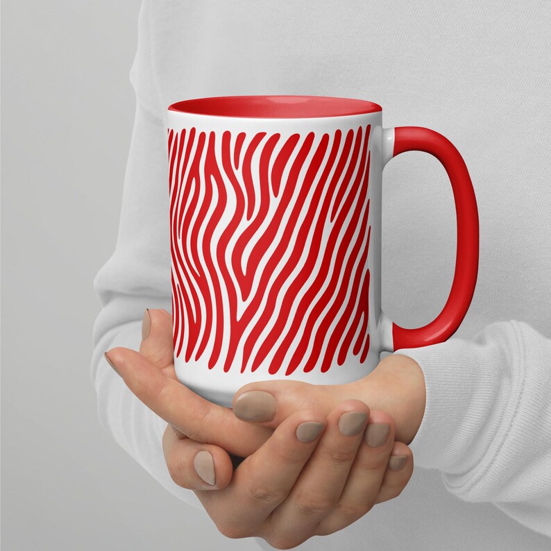 Zebra Stripe Coffee Mug 15oz – Red and White Zebra Print Cup with Matching Inside Color – Bold Modern Mug for Coffee or Tea, Zebra Coffee Mug, Stripe Coffee Mug, Animal Print Mug