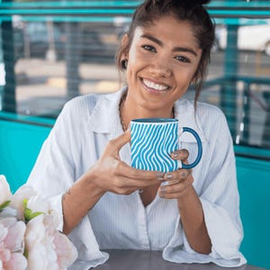 Zebra Stripe Coffee Mug 11oz – Blue and White Zebra Print Cup with Matching Inside Color – Fun Ceramic Tea or Coffee Mug, Zebra Stripe Mug, Animal Ceramic Mug, Blue And White Mug