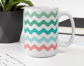 Retro Graphic Ceramic Coffee Mug - Hot Cocoa Wavy White Glossy Cup Available In 15oz