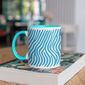 Zebra Stripe Coffee Mug 11oz – Blue and White Zebra Print Cup with Matching Inside Color – Fun Ceramic Tea or Coffee Mug, Zebra Stripe Mug, Animal Ceramic Mug, Blue And White Mug
