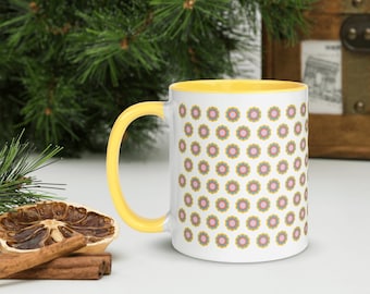 11 Unze Blumenkeramik-Kaffeetasse - Blumen-Muster-gelber Griff-Tasse