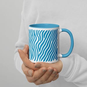 Zebra Stripe Coffee Mug 11oz – Blue and White Zebra Print Cup with Matching Inside Color – Fun Ceramic Tea or Coffee Mug, Zebra Stripe Mug, Animal Ceramic Mug, Blue And White Mug