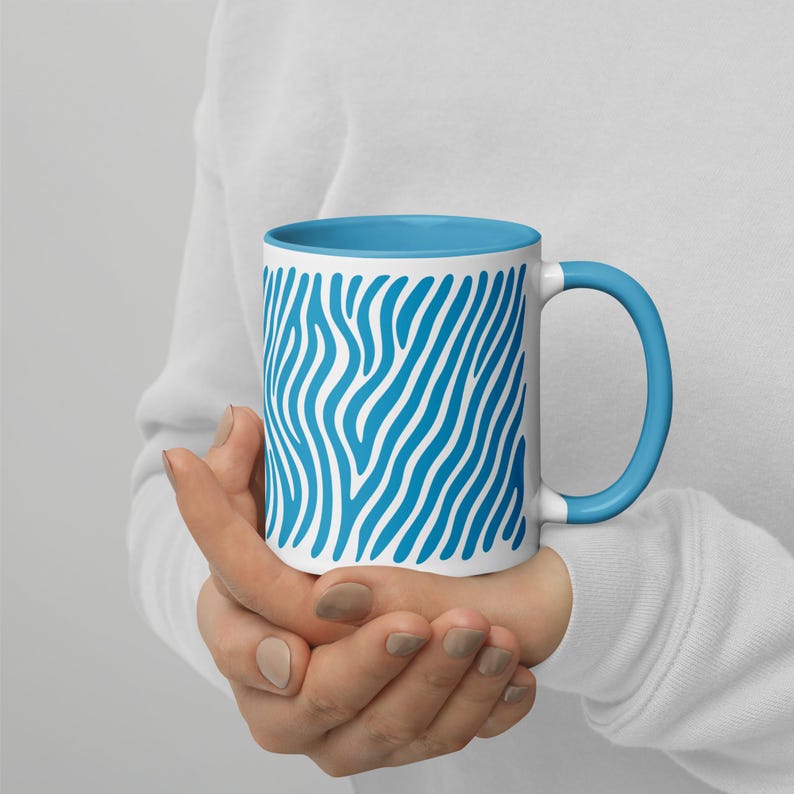 Zebra Stripe Coffee Mug 11oz – Blue and White Zebra Print Cup with Matching Inside Color – Fun Ceramic Tea or Coffee Mug, Zebra Stripe Mug, Animal Ceramic Mug, Blue And White Mug