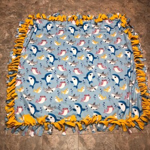 Handmade Yellow Baby Shark Tie Knot Blanket