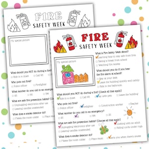 Könnte beinhalten: Zwei Arbeitsblätter mit dem Titel "Brandschutzwoche" mit Illustrationen eines Feuerlöschers, Flammen und eines Hauses. Die Arbeitsblätter enthalten Fragen und Multiple-Choice-Fragen zum Thema Brandschutz.