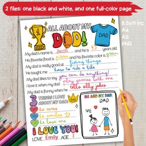 Alles über meinen Vater zum Ausdrucken, Vatertagsgeschenk von Kinderinterview, Vaterfragebogen, Füllen Sie die leere Vatertagskarte aus, sofortiger Download
