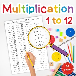 May include: A worksheet for multiplication problems from 1 to 12, with the title "Multiplication 1 to 12" in colorful letters. A hand is writing with a yellow pencil. Includes 20 pages of math practice.