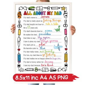 Todo sobre mi papá para imprimir, regalo del día del padre de parte de los niños, cuestionario para papá, tarjeta para completar el espacio en blanco del día del padre, descarga instantánea