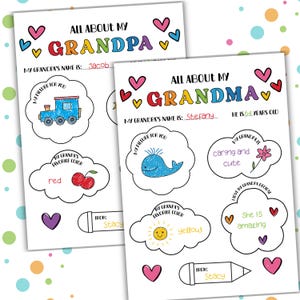 May include: Two white sheets of paper with the text "ALL ABOUT MY GRANDPA" and "ALL ABOUT MY GRANDMA" in colourful letters. The Grandpa sheet has a train illustration, and the Grandma sheet has a whale illustration. Both sheets have heart and cloud illustrations.