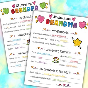 以下が含まれることがあります： 「おじいちゃんについて」と「おばあちゃんについて」の2つの印刷可能なアンケート。カラフルなページには、個人の詳細、お気に入り、感謝の気持ちを記入するセクションがあり、装飾的なハートと落書きが描かれています。
