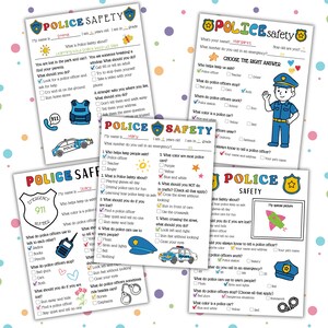 May include: A collection of colorful "Police Safety" activity sheets for children. Each sheet features fill-in-the-blank questions, multiple-choice quizzes, and illustrations of police-related items like a police car and badge.