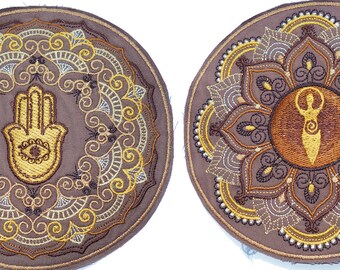 17cm 7" Free shipping: Hand of fatima, goddess, hamsa, lotus, mandala patch applique in brown.