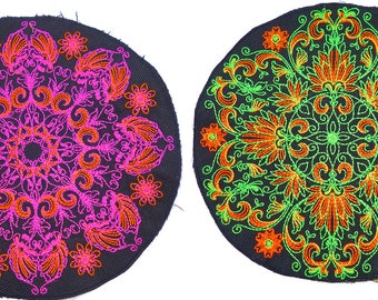 25cm/10" Fractal, mandala, fluo, UV, black light patch, psychedelic.