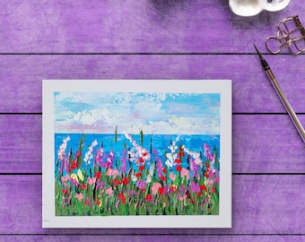 Textured Wildflower Impasto Painting: Vibrant Floral Landscape Art (14x11 Canvas)