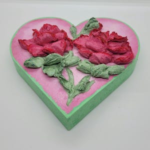 handmade sculpture flowers acrylic painting on wood heart