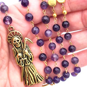 Handmade Santa Muerte Rosary. Rosario de La Santisima Muerte Curada. Holy Death Amulet Talisman Prosperity Amethyst Lotus Stone Prayer Beads