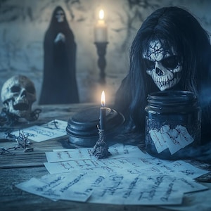 May include: A dark scene featuring a figure with skull-like face paint and long black hair, a glass jar filled with handwritten notes, a black candle, a human skull, and scattered papers with illegible script, all illuminated by candlelight.