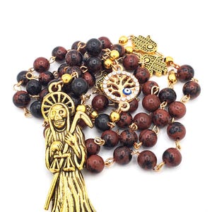 Handmade Santa Muerte Rosary. Rosario La Santisima Muerte Curada. Holy Death Amulet Talisman. Red Mahogany Jasper Natural Stone. Prayer Bead