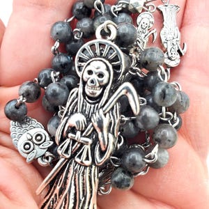 Handmade Santa Muerte Rosary. Rosario de La Santisima Muerte Curada. Holy Death Amulet Talisman. Larvikite Labradorite Stone Prayer Beads.