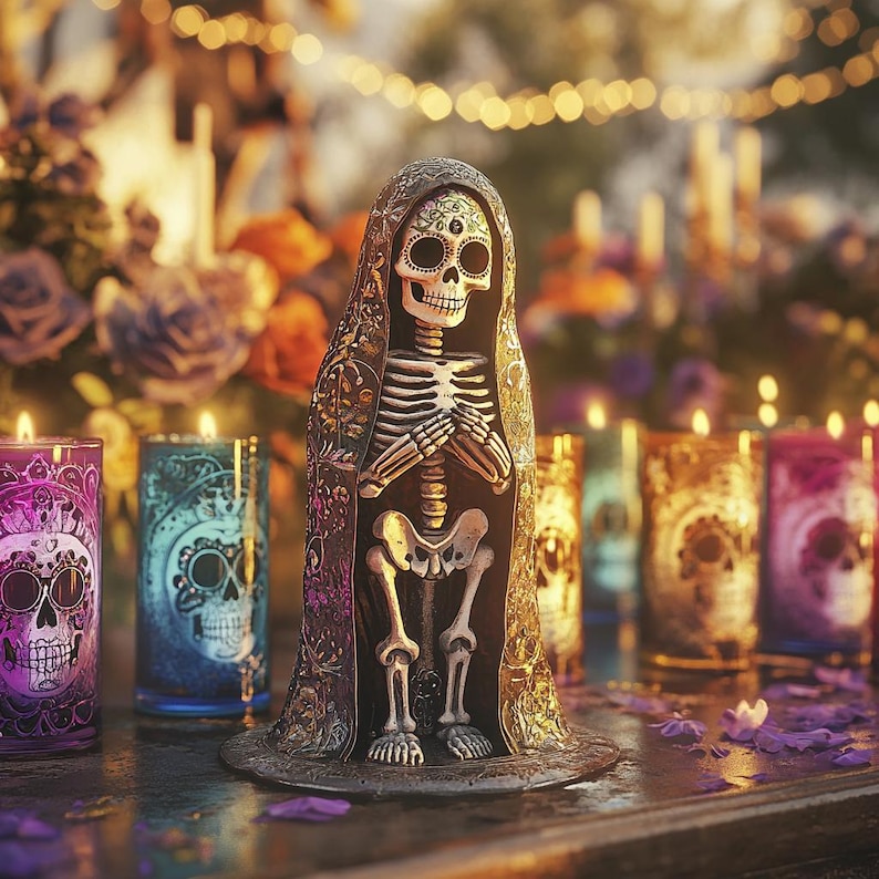May include: A skeletal figure wearing a black and gold robe with a skull face and a third eye. The figure is holding its hands together in prayer. The figure is surrounded by lit candles with skull designs.