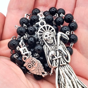 Handmade Santa Muerte Rosary. Rosario de La Santisima Muerte Curada. Holy Death Amulet Talisman. Obsidian Natural Stones. Prayer Beads.