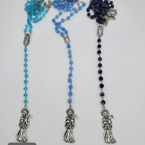 Handmade Santa Muerte Rosary. Rosario de La Santisima Muerte Curada. Holy Death Amulet Talisman. Angelite Natural Stones. Prayer Beads.