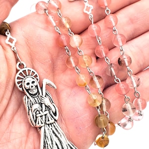 Handmade Santa Muerte Rosary. Rosario de La Santisima Muerte Curada. Holy Death Amulet Talisman. Cherry Quartz Natural Stones. Prayer Beads.