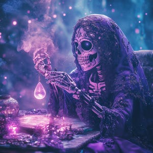 May include: A skeletal figure wearing a purple robe with intricate embroidery holds a glowing orb in a mystical forest setting. The scene is filled with purple and blue hues, creating a magical and ethereal atmosphere.