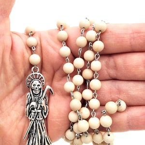 Handmade Santa Muerte Rosary. Rosario de La Santisima Muerte Curada. Holy Death Amulet Talisman. Fossil Stone Natural Stones. Prayer Beads.