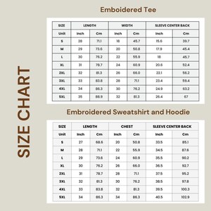 May include: Size chart for embroidered tees and sweatshirts. The chart shows the size, length, width, chest, and sleeve center back measurements in inches and centimeters.
